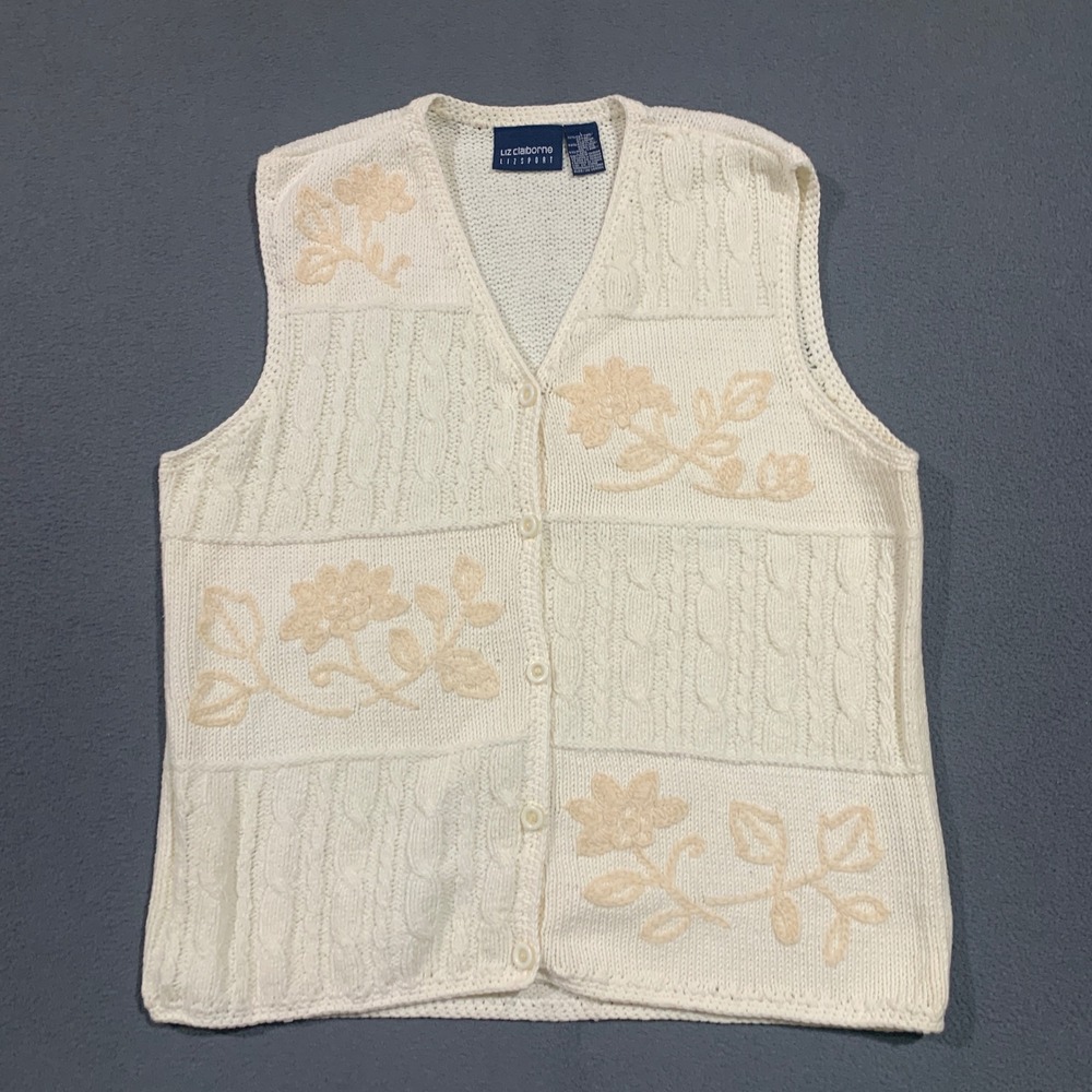 Vintage Cottagecore Women's Large Cream Knit Floral‎ Embroidered Vest *